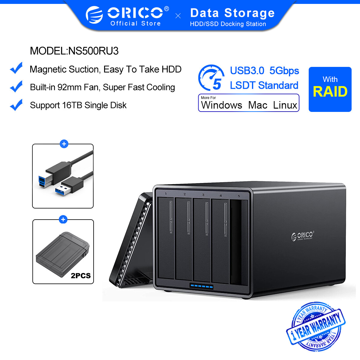 ORICO NS Series 5 Bay 3.5'' USB3.0 with RAID HDD Docking Station 78W Power Adapter HDD Enclosure Box Support 5Gbps HDD Case(NS500RU3)