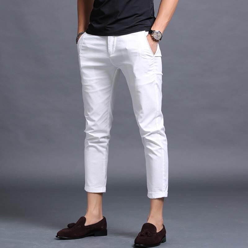 White Casual Nine-point Pants Men S Slim Korean Version of 9-point Small Trousers British Style Trend All-match Skinny Thin Seluar Kasual Putih Sembilan Titik Lelaki Pendek