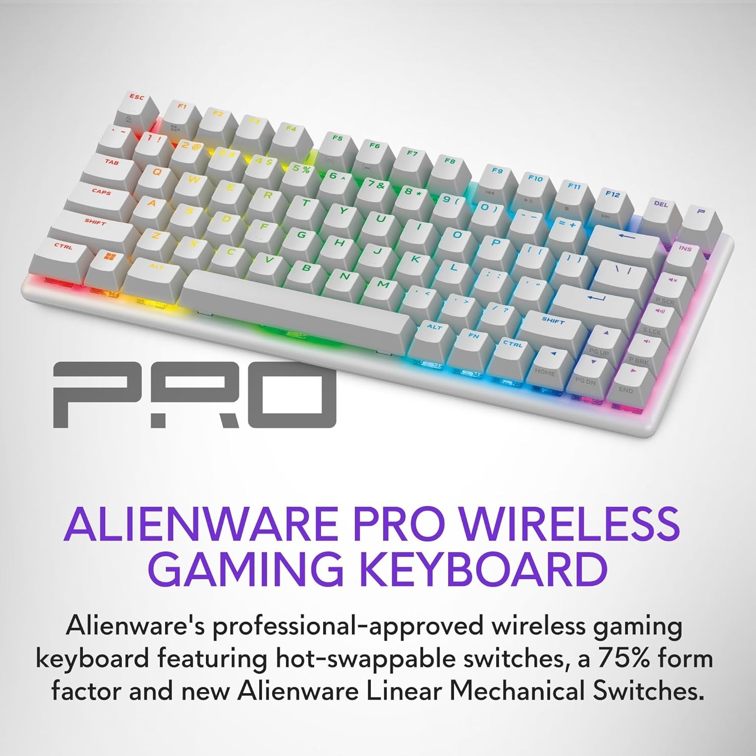 Alienware Pro Wireless Gaming Keyboard - Bluetooth 5.1/2.4 GHz Radio Frequency Connectivity, Linear Mechanical, Hot-swappable switches, Tri Mode connectivity, Adjustable Height - Lunar Light